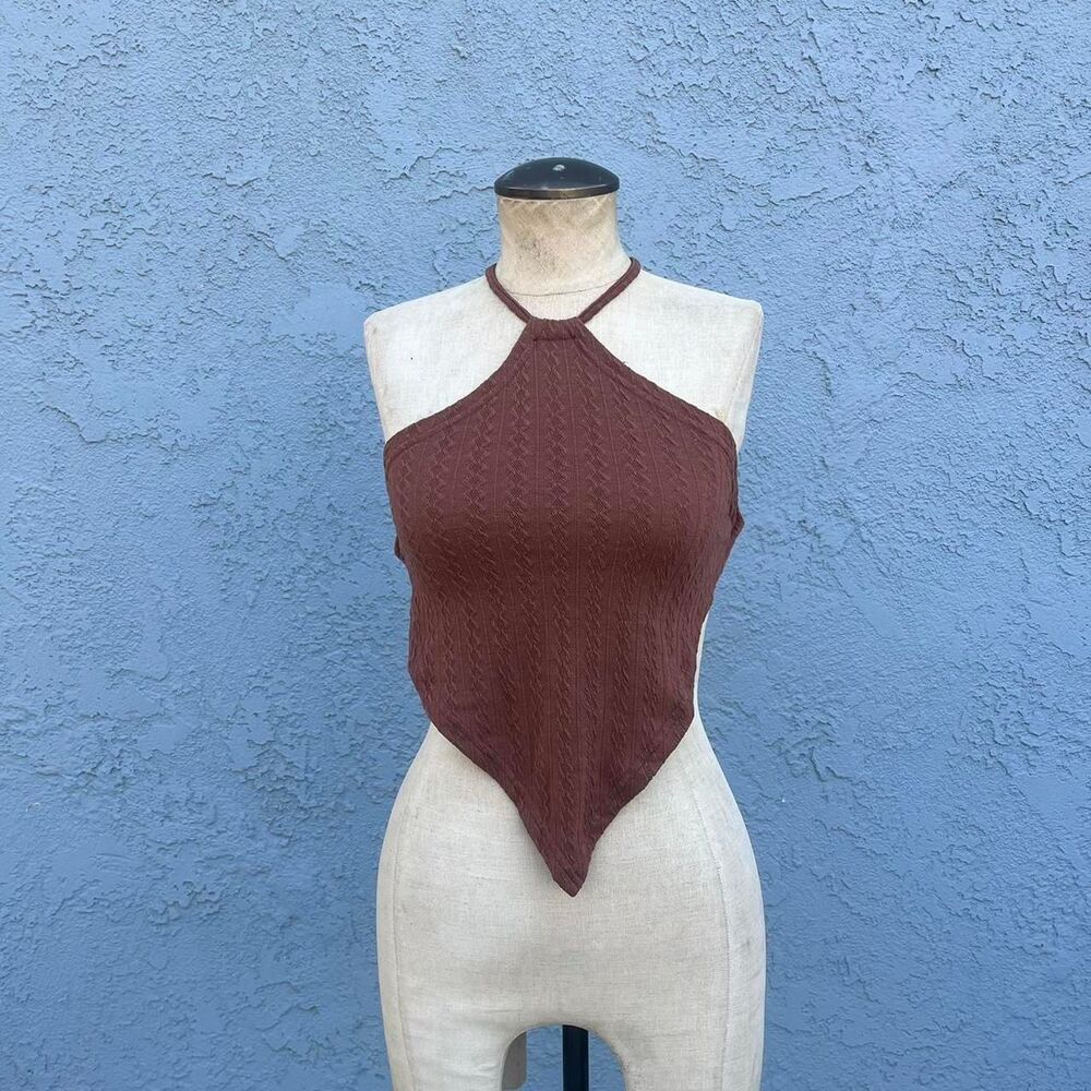 Y2k Festival Handkerchief top One size Women's Brown Tie Back Halter Crop-top - Picture 1 of 7